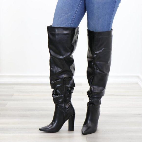 Black Synthetic Leather Thigh High Trendy Boots - Picture 3 of 16